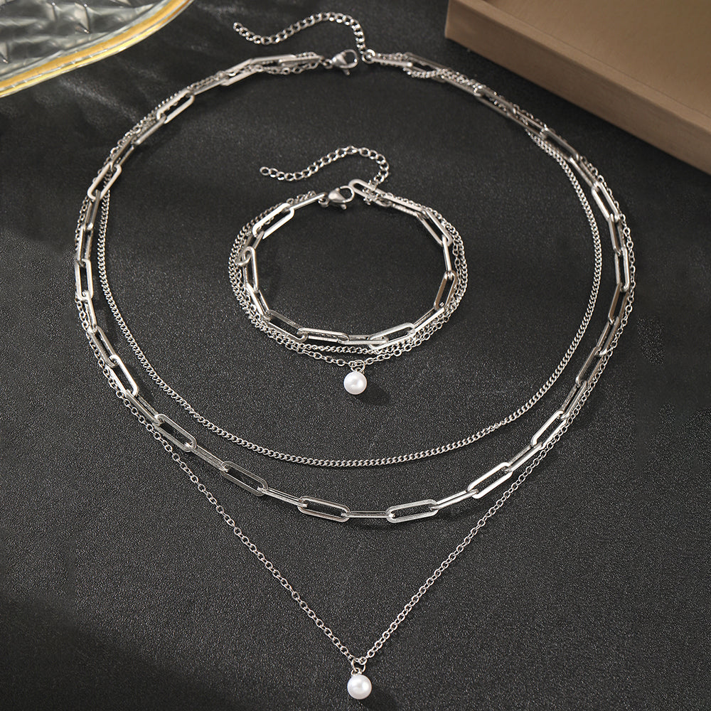 3pc Pearl & Chain Jewelry Set