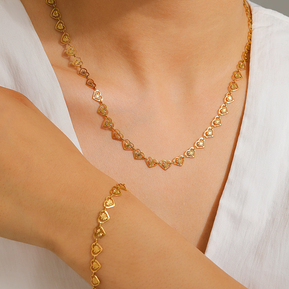 2pc Gold Heart Link Necklace & Bracelet Set