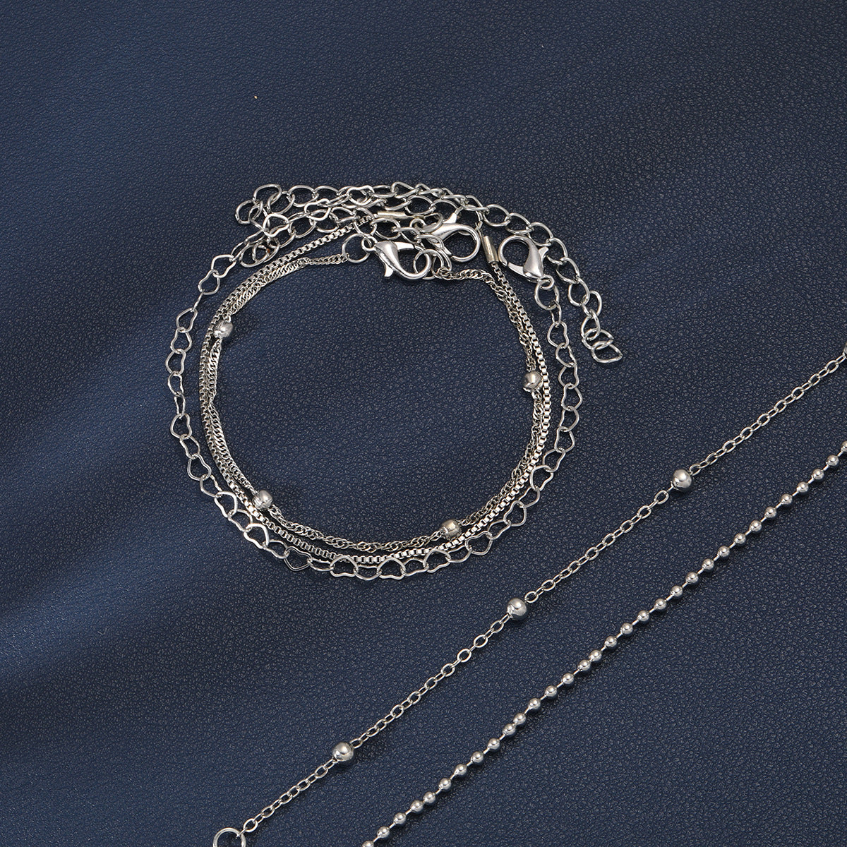 6pc Dainty Silver Heart & Bead Bracelet Set