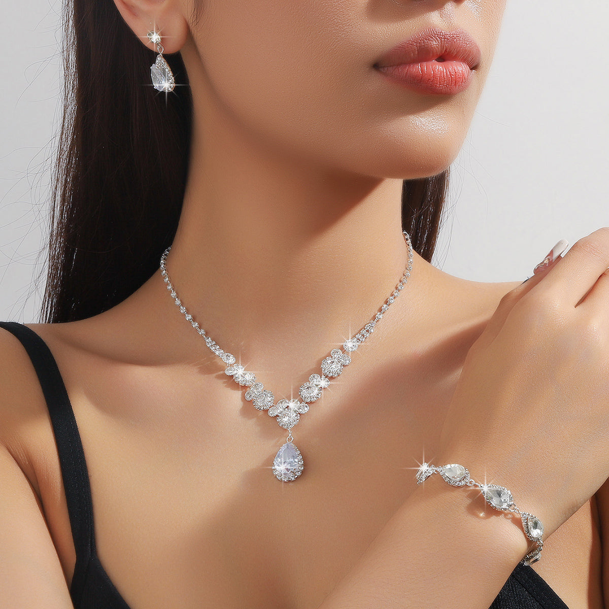 4pc Rhinestone Water Droplet Jewelry Set