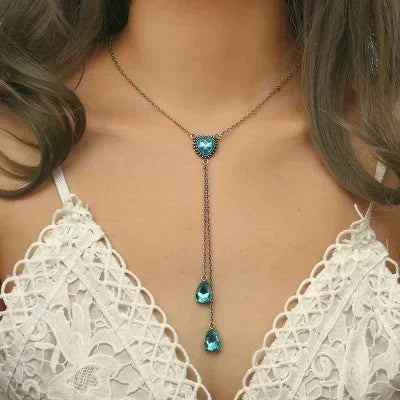 Blue Heart Y-Drop Pendant Necklace