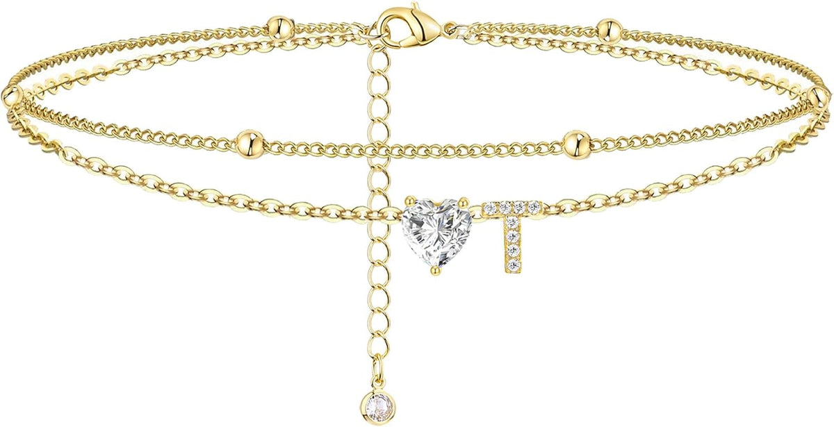 Gold Heart Charm Initial Anklet