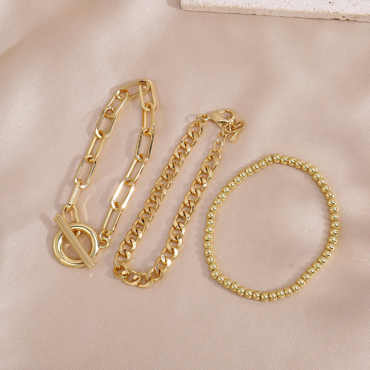3pc Gold Chain & Toggle Bracelet Set