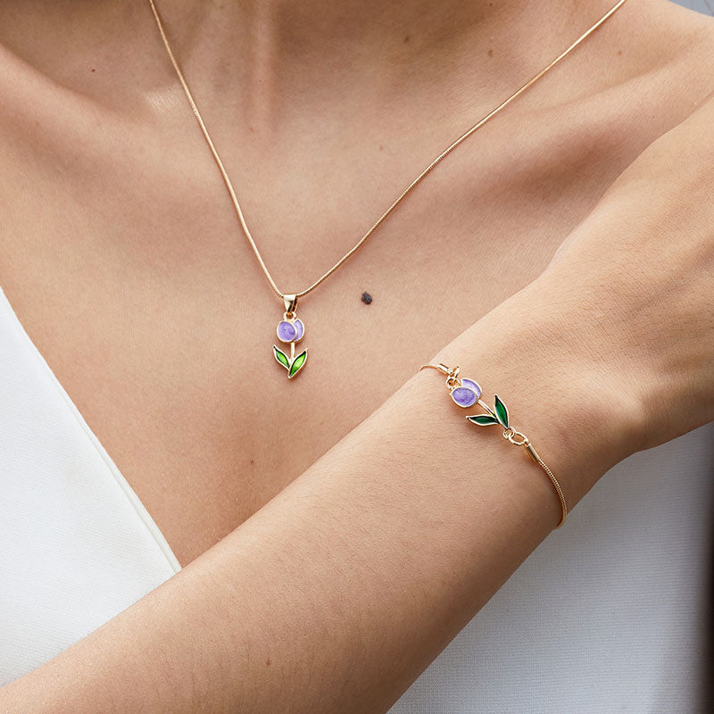 2pc Floral Pendant Necklace & Bracelet Set