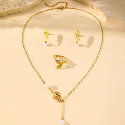 3pc Leaf & Pearl Jewelry Set