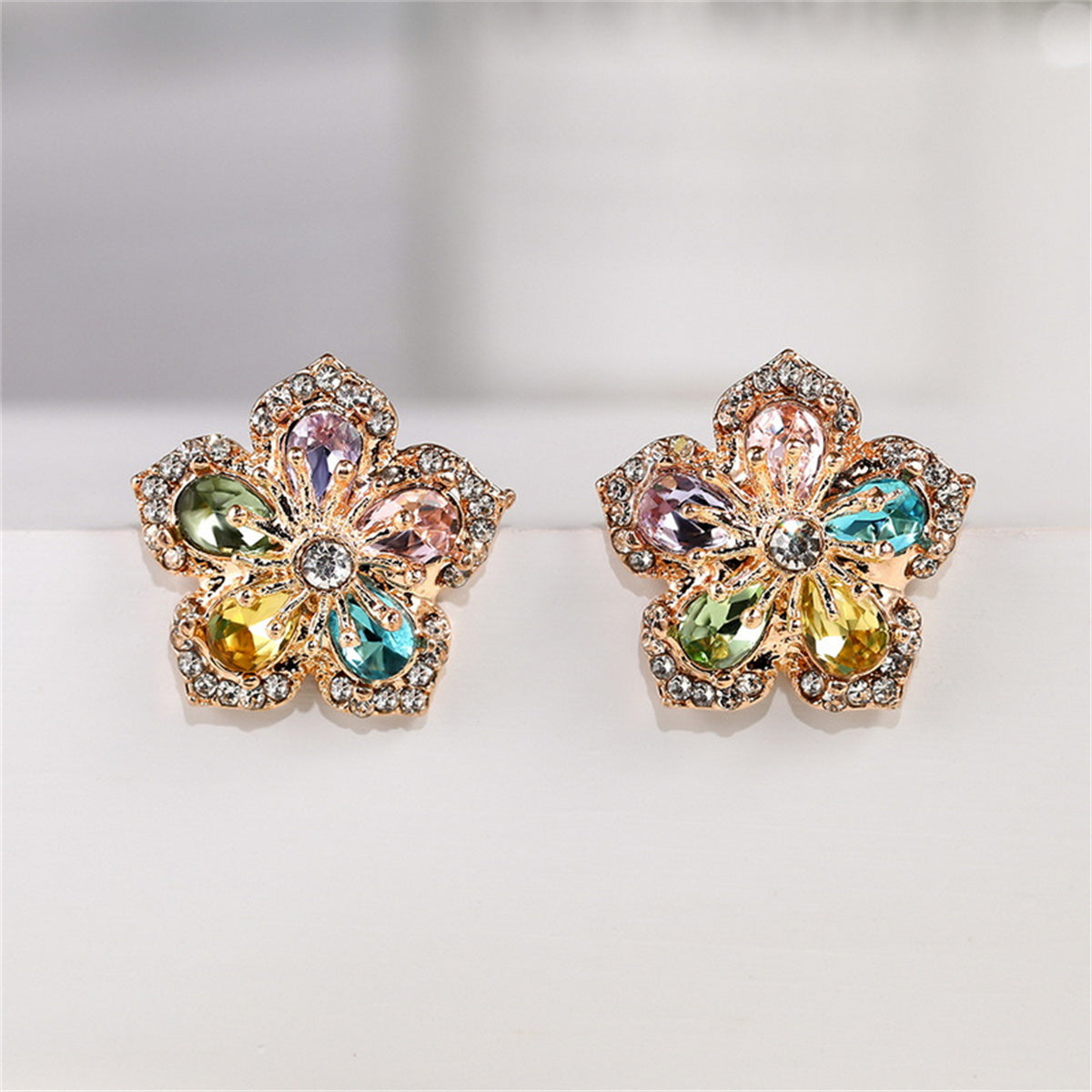 Pink Crystal Flower Stud Earrings