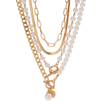 Layered Pearl and Chain Choker Necklace
