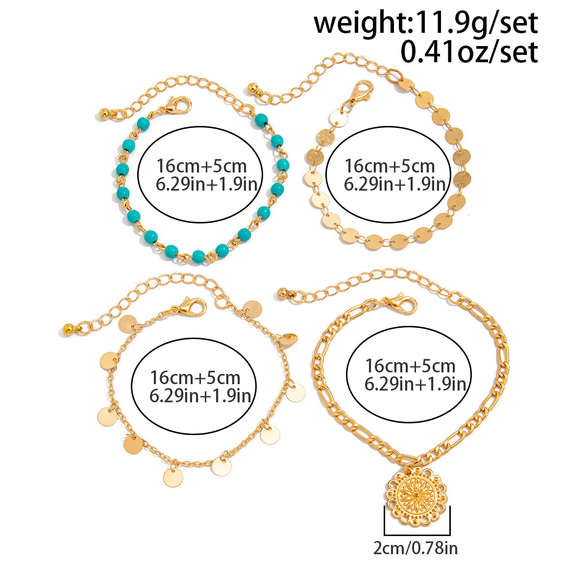 4pc Vintage Sequin & Sun Pendant Bracelet Set