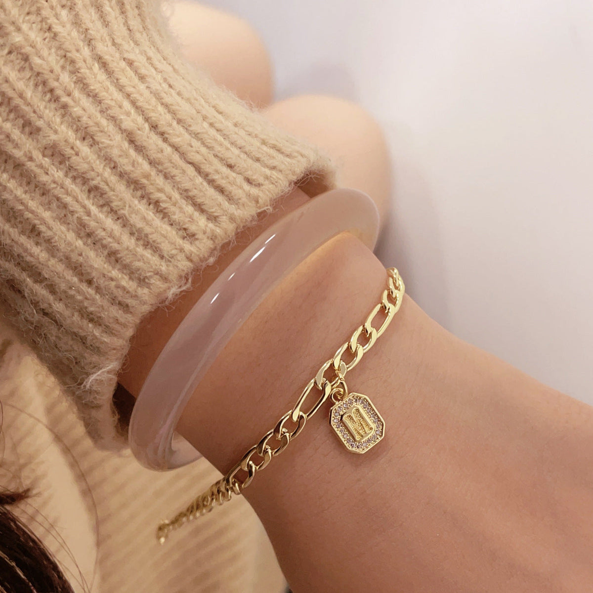 Gold Initial Charm Chain Bracelet