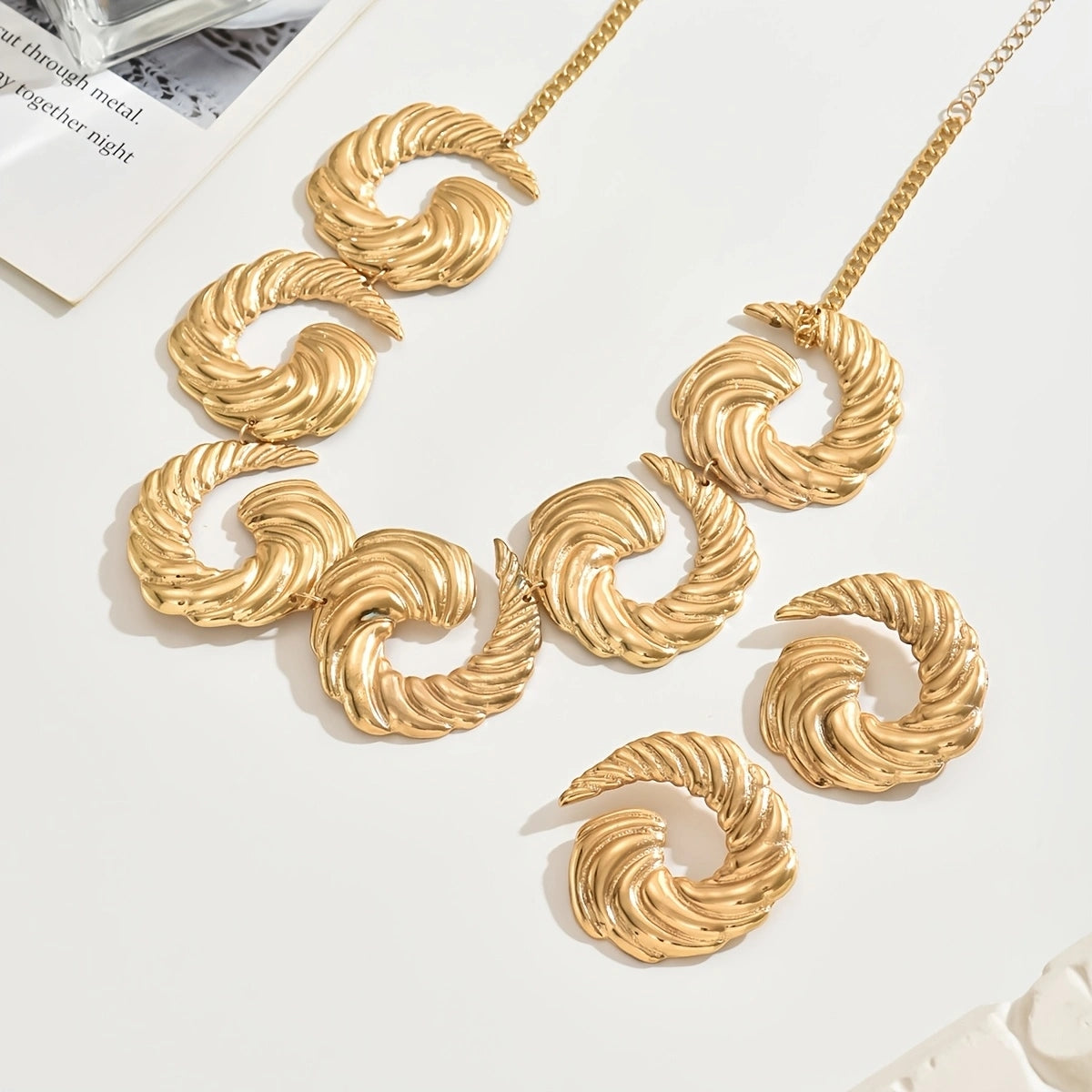 14k Plated Gold Spiral Necklace & Earrings Set