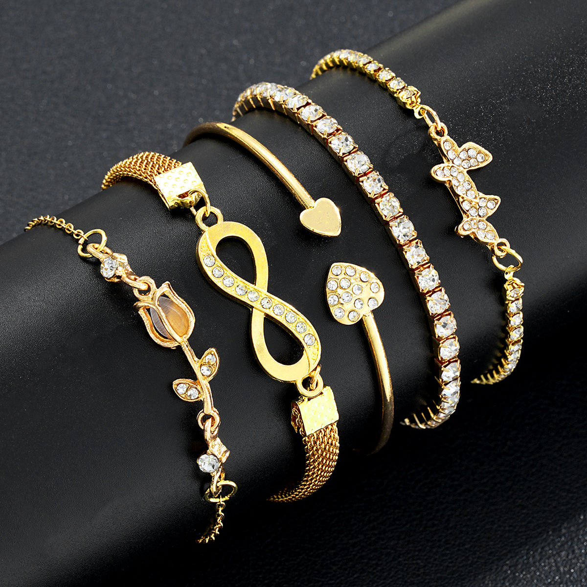 5pc Gold Butterfly & Heart Bracelet Set