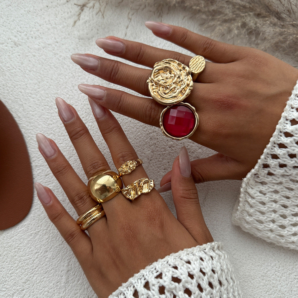 7pc Vintage Acrylic & Metal Ring Set