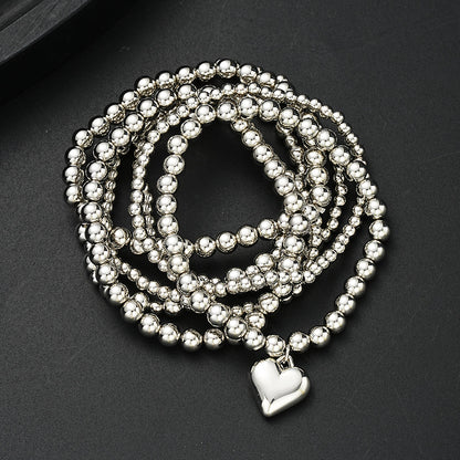 7pc Silver Heart Charm Beaded Bracelet Set