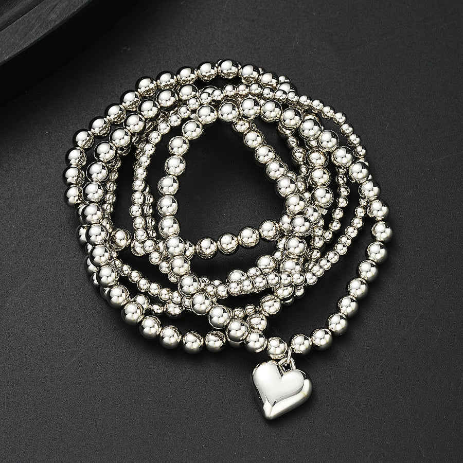 7pc Silver Heart Charm Beaded Bracelet Set