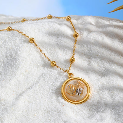 Gold Shell Charm Necklace with Crystal Pendant