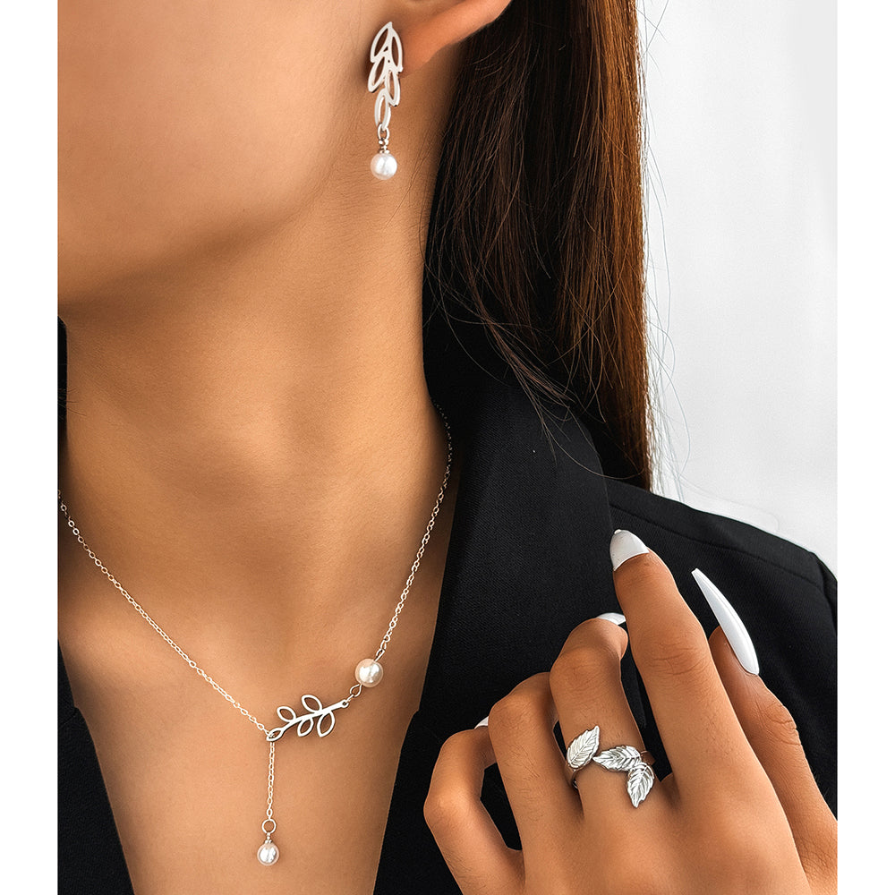 3pc Leaf Pearl Drop Jewelry Set