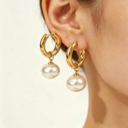Dangling Pearl Hoop Earrings