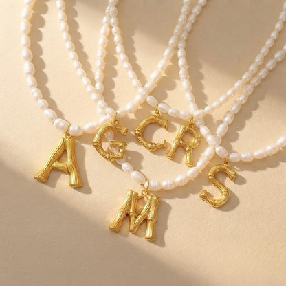 Wood Grain Initial Pearl Necklace