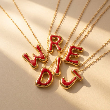Red Enamel Initial W Necklace