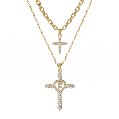 2pc Elegant Cross Initial Necklace Set