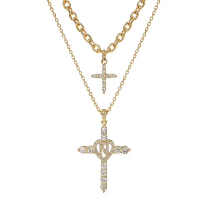 2pc Elegant Cross Initial Necklace Set