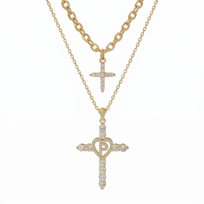 2pc Elegant Cross Initial Necklace Set