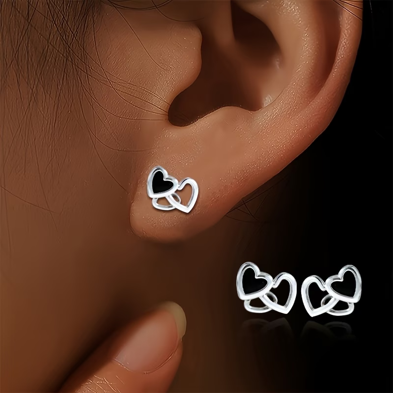 Black Double Heart Stud Earrings