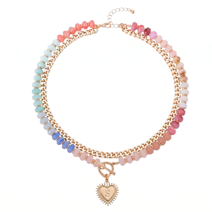Double Layer Initial Heart Beaded Necklace
