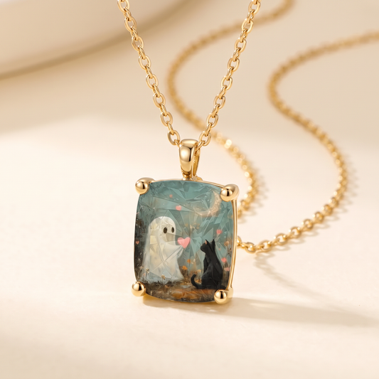 Ghost and Cat Square Necklace