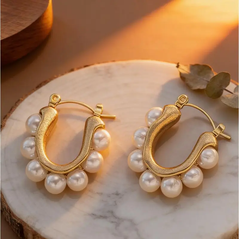 U-Shaped Pearl Hoop Earrings