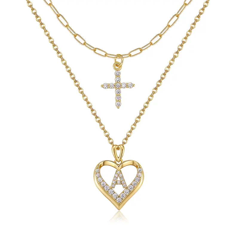 14k Initial Heart & Cross Necklace Set