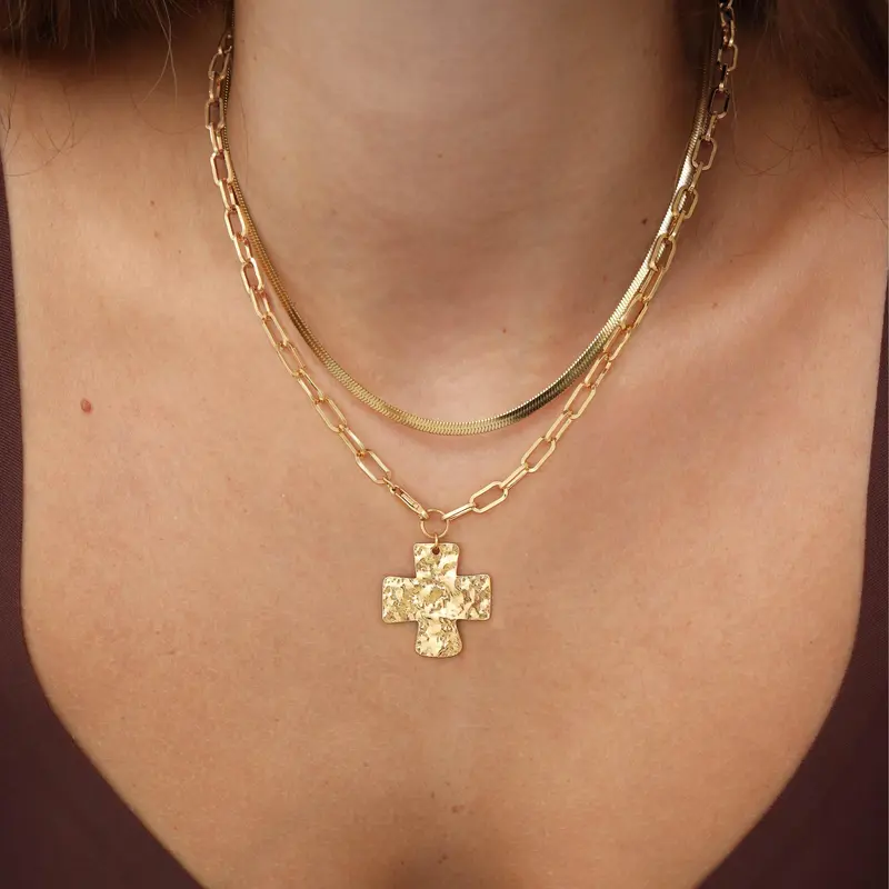 2pc Cross Paperclip Herringbone Necklace Set