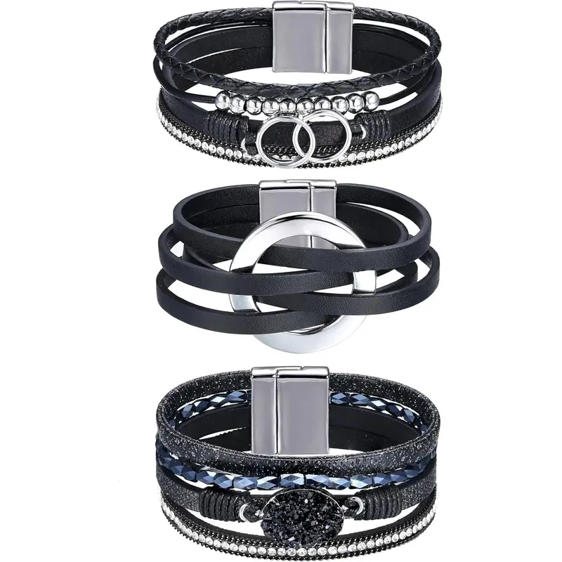 3pc Leather Wrap Bracelet Set