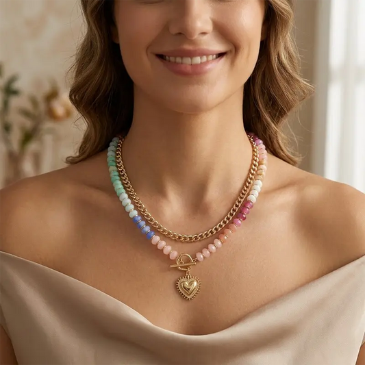 Double Layer Initial Heart Beaded Necklace