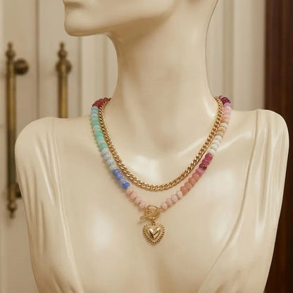 Double Layer Initial Heart Beaded Necklace