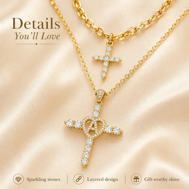 2pc Elegant Cross Initial Necklace Set