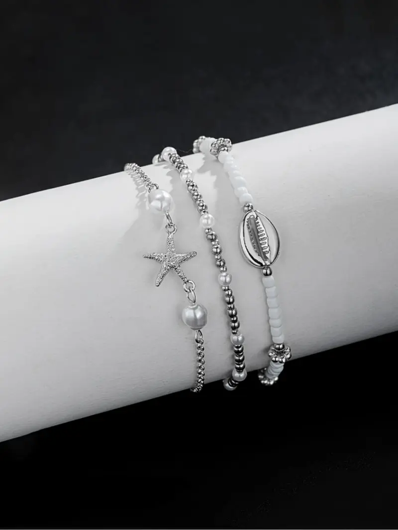 3pc Boho Starfish & Shell Anklet Set