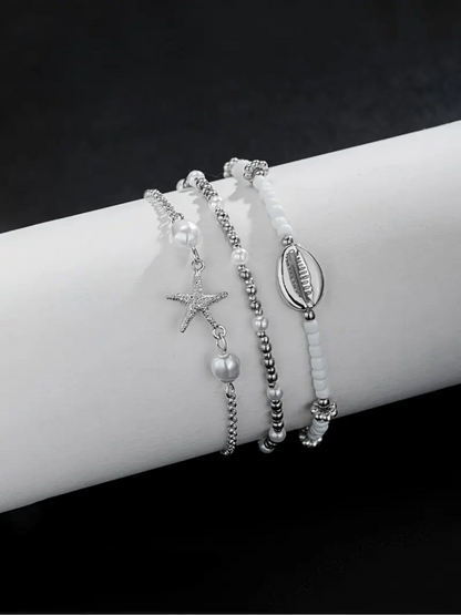 3pc Boho Starfish & Shell Anklet Set