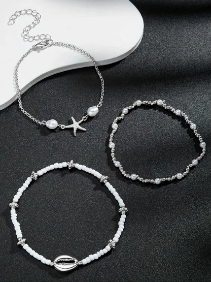 3pc Boho Starfish & Shell Anklet Set