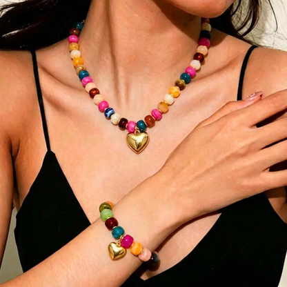 2pc Colorful Beaded Heart Necklace & Bracelet Set