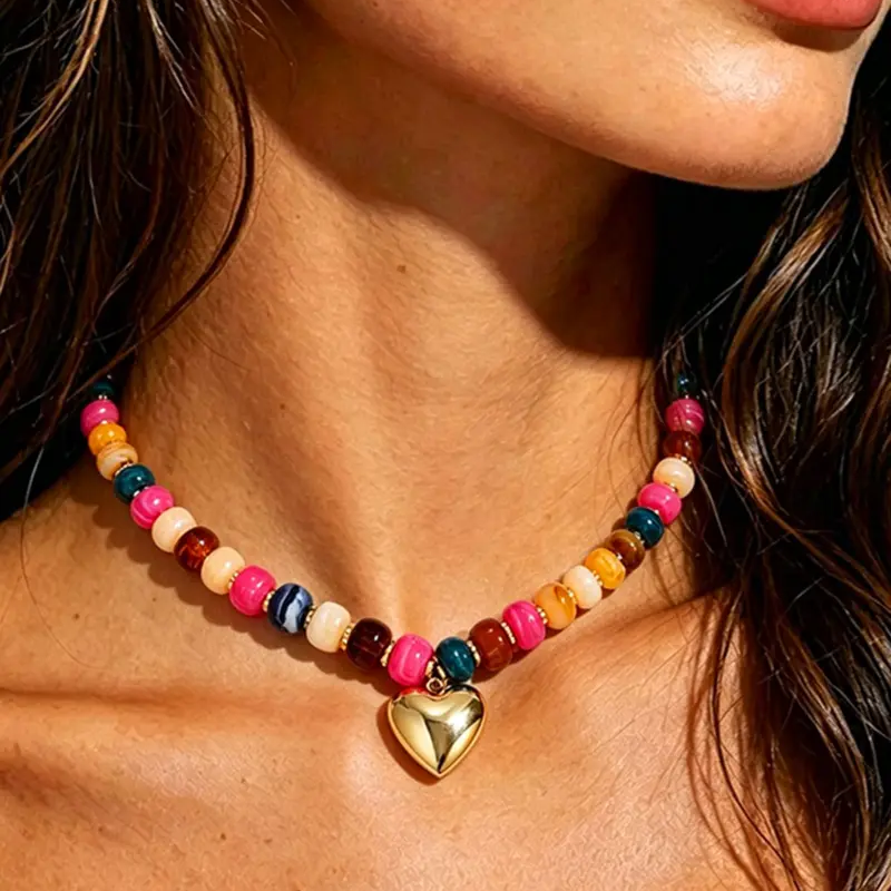 2pc Colorful Beaded Heart Necklace & Bracelet Set