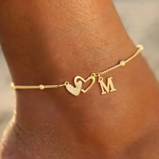Double Heart Initial Anklet