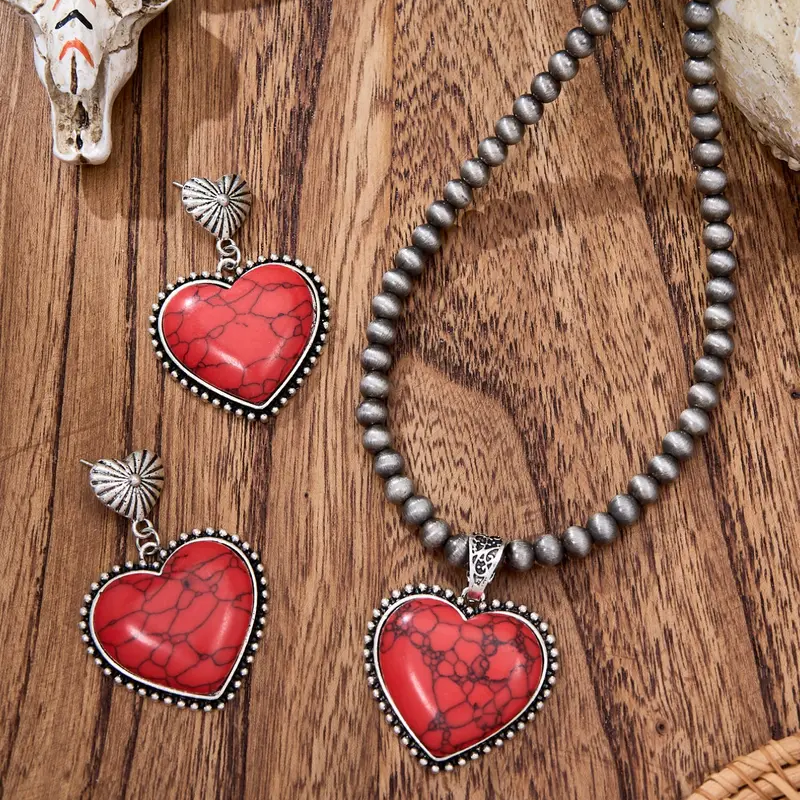 3pc Vintage Boho Heart Necklace Earrings Set