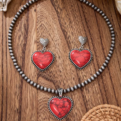 3pc Vintage Boho Heart Necklace Earrings Set