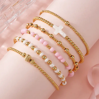 14k 6pc Beaded Stretch Bracelet Stack