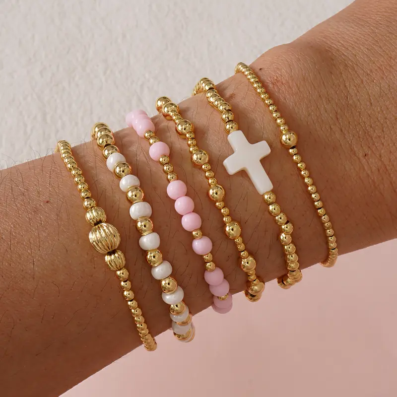 14k 6pc Beaded Stretch Bracelet Stack