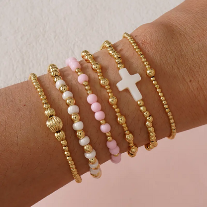 14k 6pc Beaded Stretch Bracelet Stack