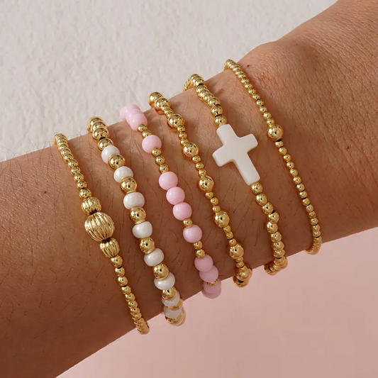 14k 6pc Beaded Stretch Bracelet Stack