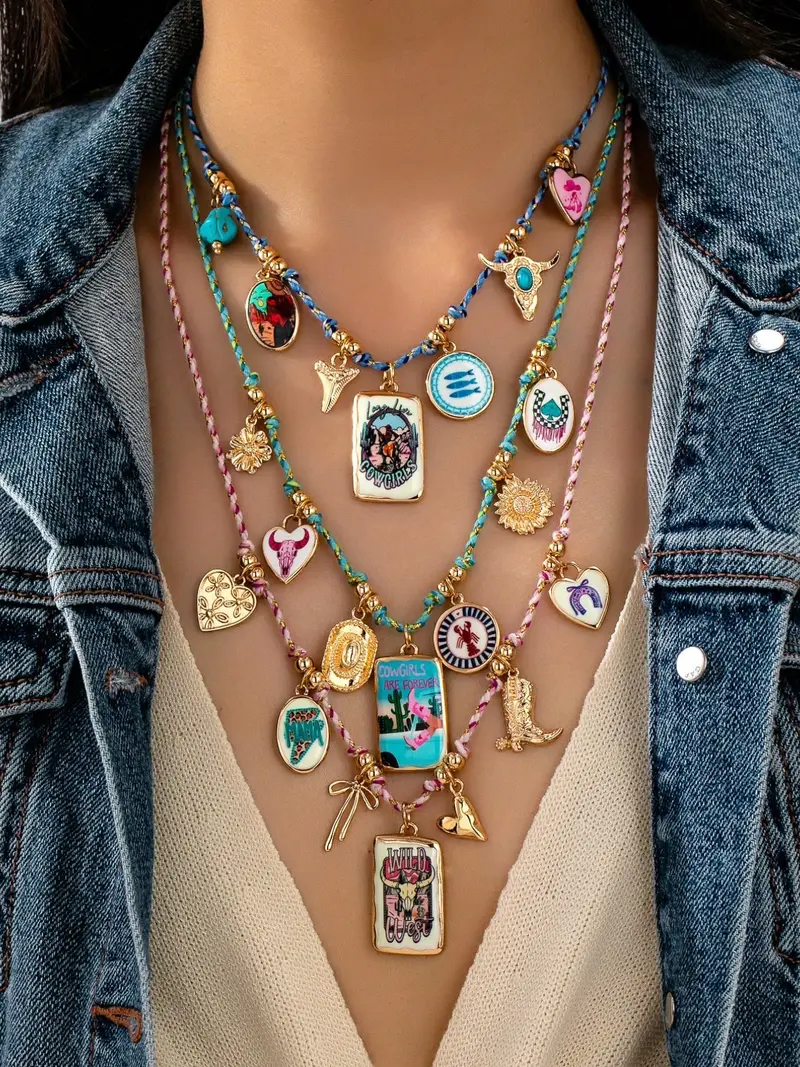 3pc Braided Cord Enamel Charms Necklace Set
