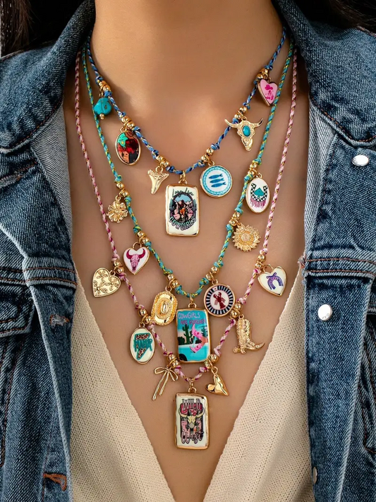 3pc Braided Cord Enamel Charms Necklace Set
